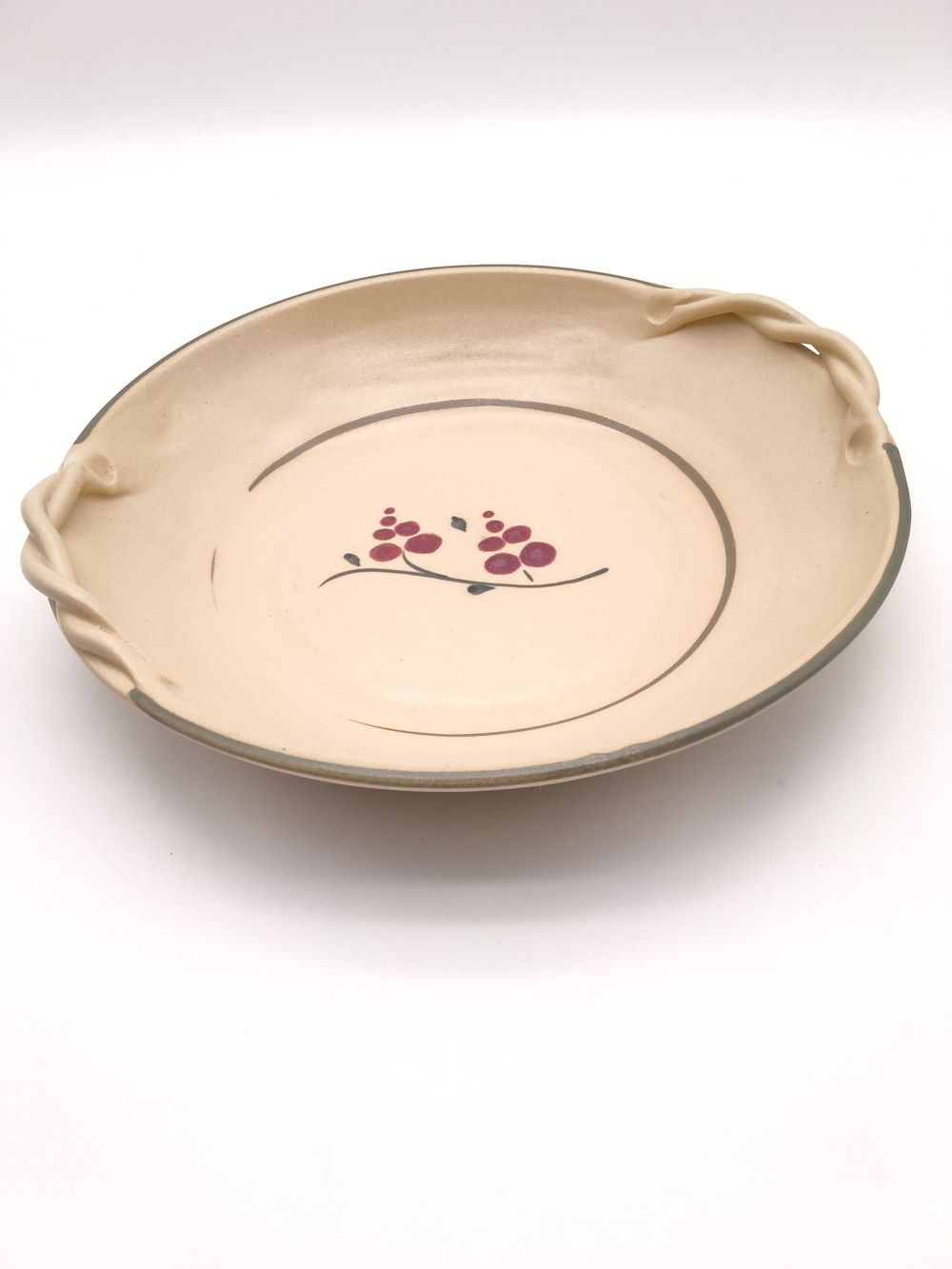 Studio Art Pottery Pie Plate Baking Dish With Twisted Handles - Hand Painted